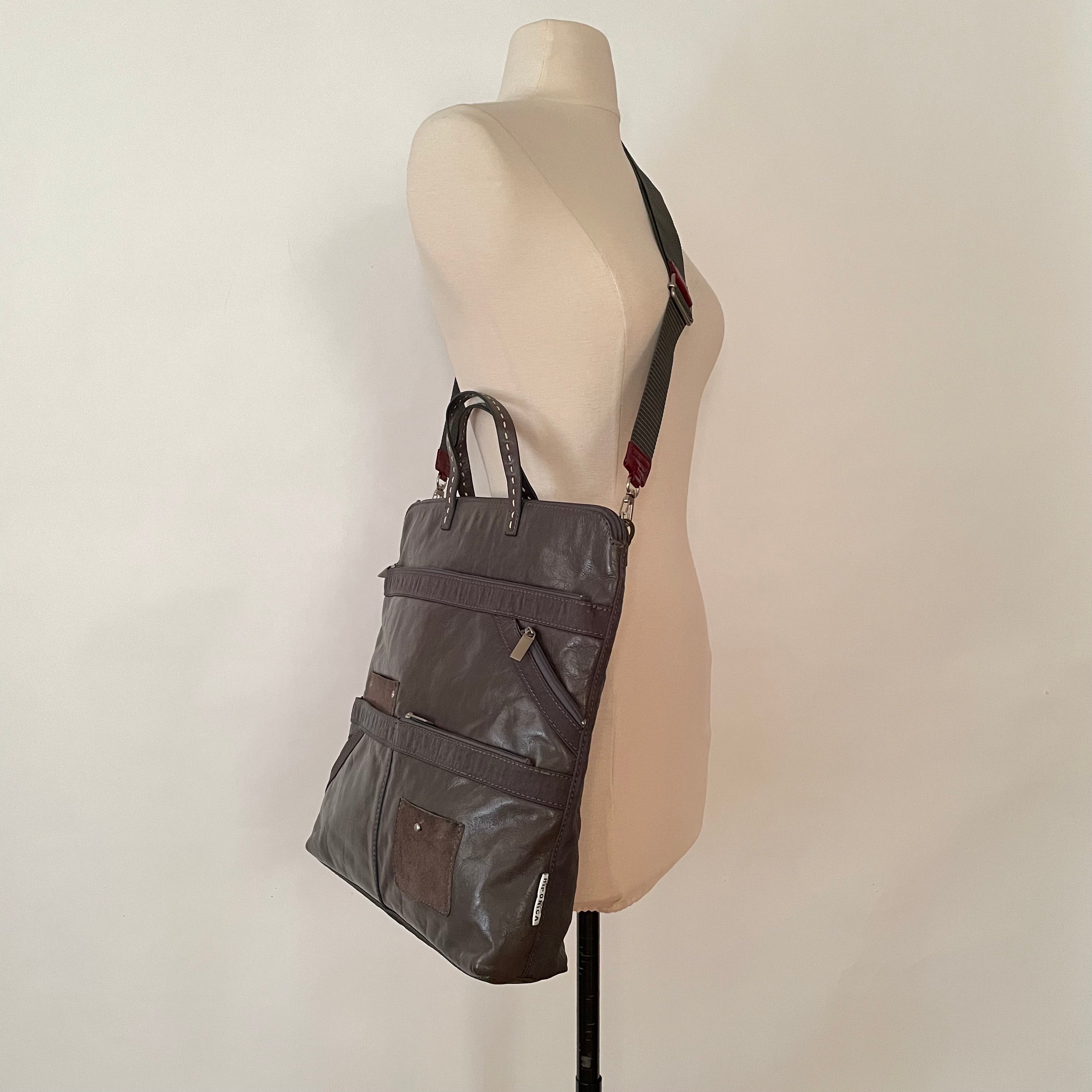 Premium Collection | Leather Shoulder Bag with Nylon Accents and Flower Embroidery and Detachable Adjustable Cross-Body Shoulder Strap | Grey